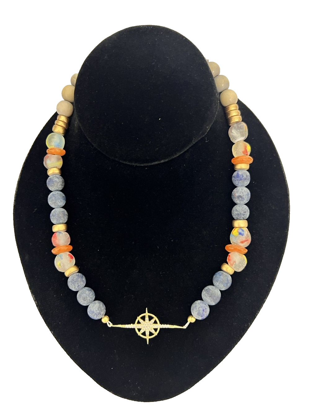 OCEAN BLUE & CORAL Cultured Sea Glass Bead Necklace Compass Rose Crystal Pendant